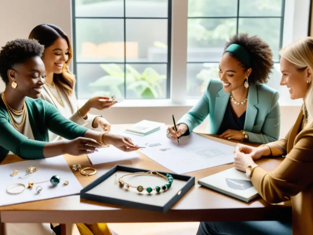 Alianzas de influencers joyeros independientes colaborando creativamente en una mesa llena de gemas, bocetos y joyas, bajo la luz natural