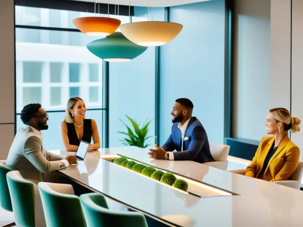 Alianzas entre joyeros independientes y influencers, en una sala moderna llena de luz natural y joyas vibrantes