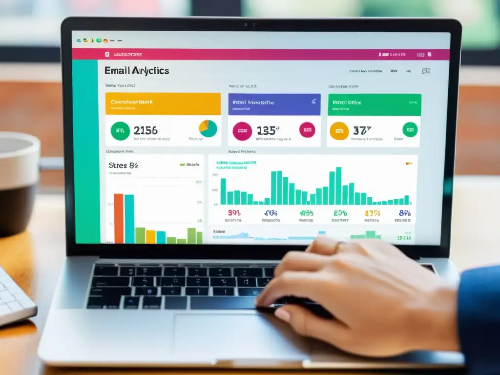 Análisis detallado de campaña de email marketing para gemas, con gráficos coloridos y métricas de compromiso, manos en el teclado