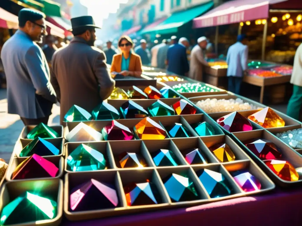 Análisis de mercado de gemas en una bulliciosa ciudad, con vendedores mostrando gemas coloridas y detalladas en bandejas forradas de terciopelo