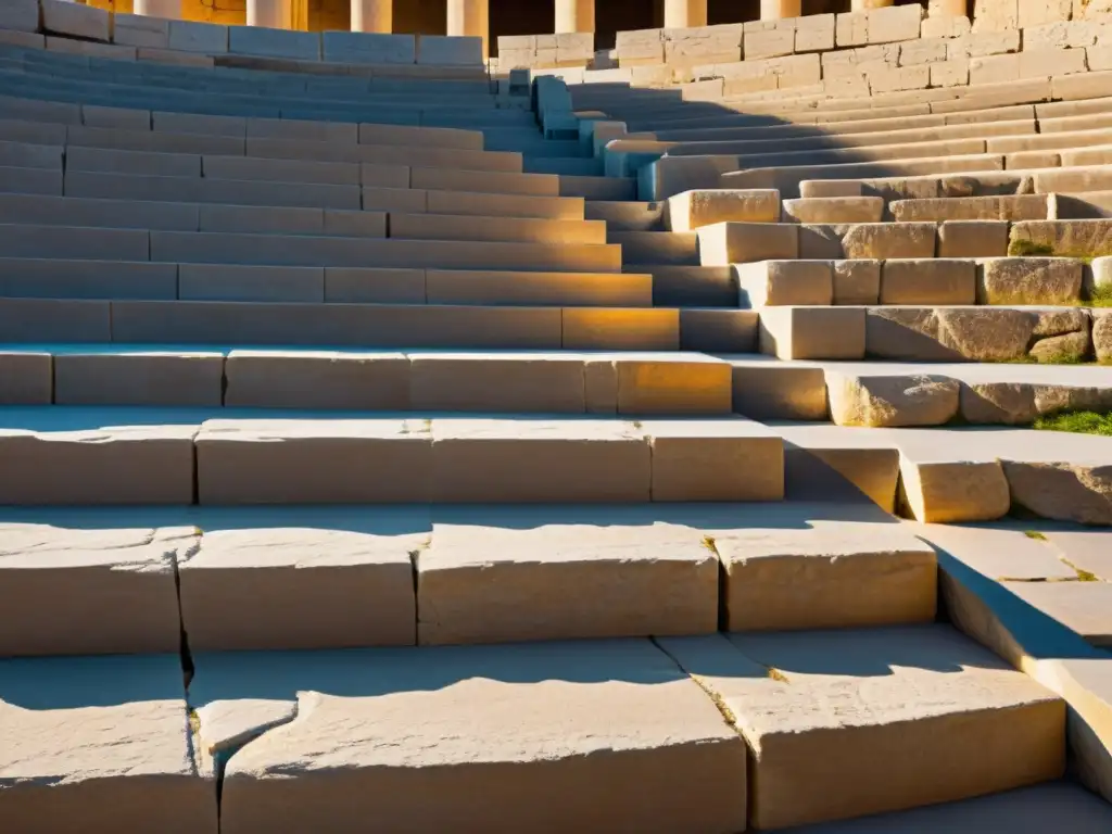 Un anfiteatro griego antiguo con columnas de granito talladas, bañado por la cálida luz del atardecer