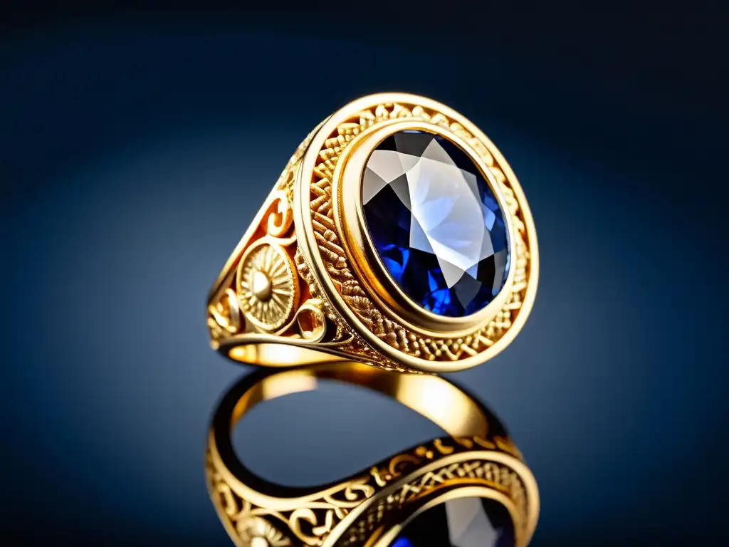 Anillo romano de zafiro antiguo, con grabados detallados y profundo color azul