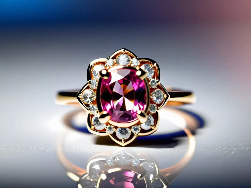 Un anillo de zafiro rosa en oro rosa con diamantes blancos