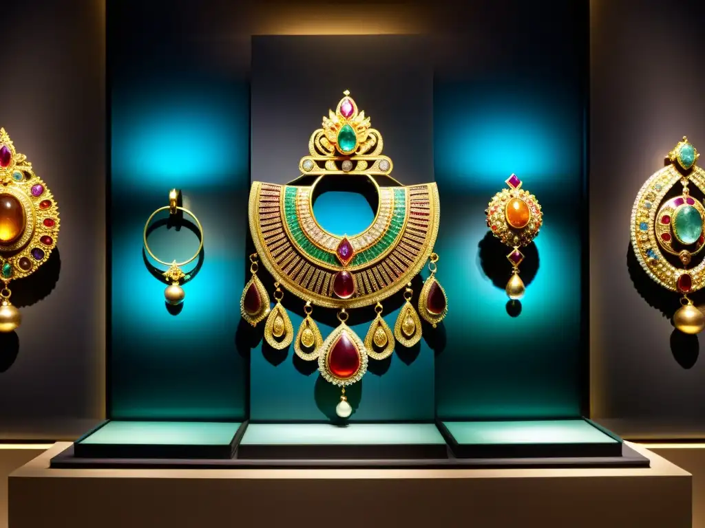 Exhibición de joyería antigua en museo con iluminación tenue