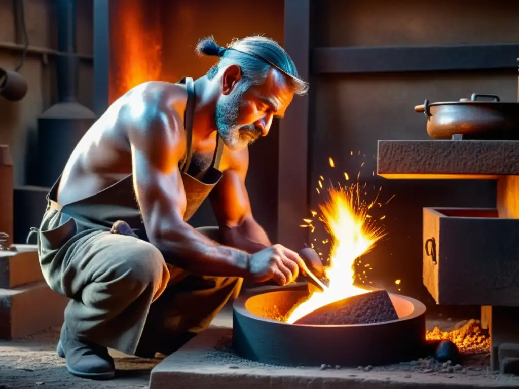 Un antiguo herrero cuida con atención un horno ardiente, rodeado de herramientas y moldes para fundir metal, mientras el intenso calor ilumina su expresión determinada y las gotas de sudor en su frente