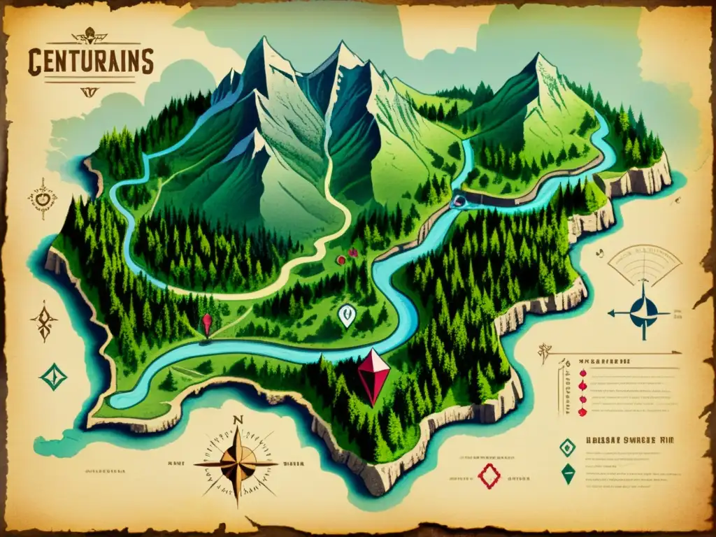 Un antiguo mapa con senderos intrincados entre montañas y bosques, y símbolos dibujados a mano que marcan depósitos de gemas