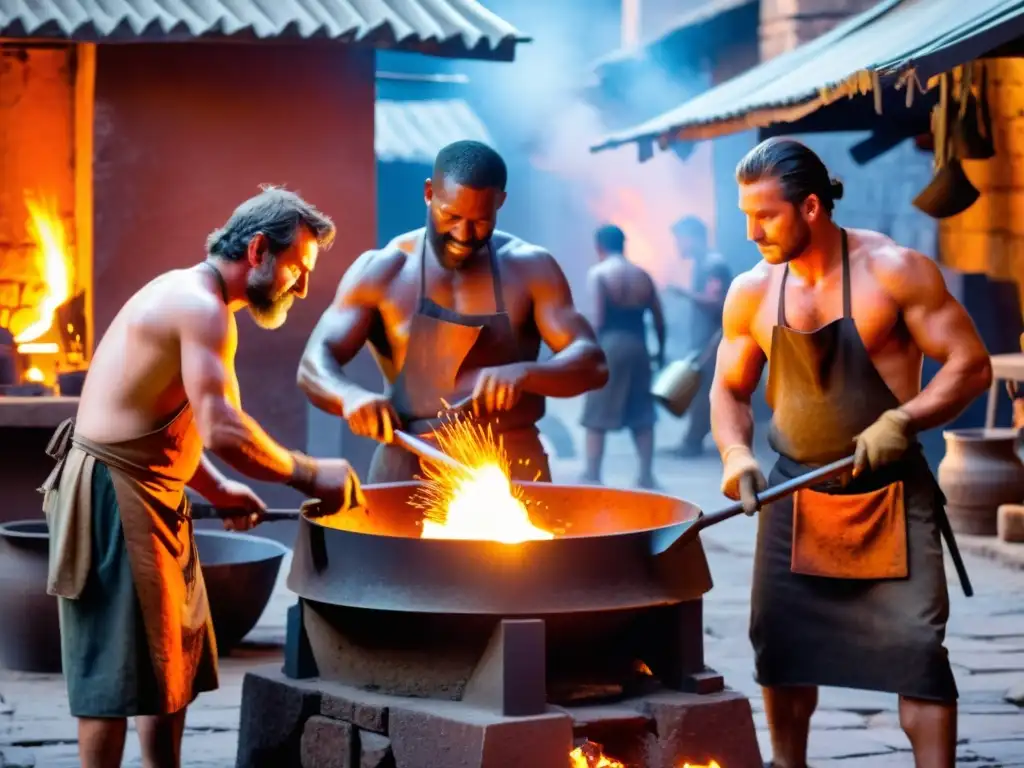 Antiguos métodos de fundición de metales cobrando vida en un bullicioso mercado, donde hábiles herreros trabajan alrededor de un horno ardiente