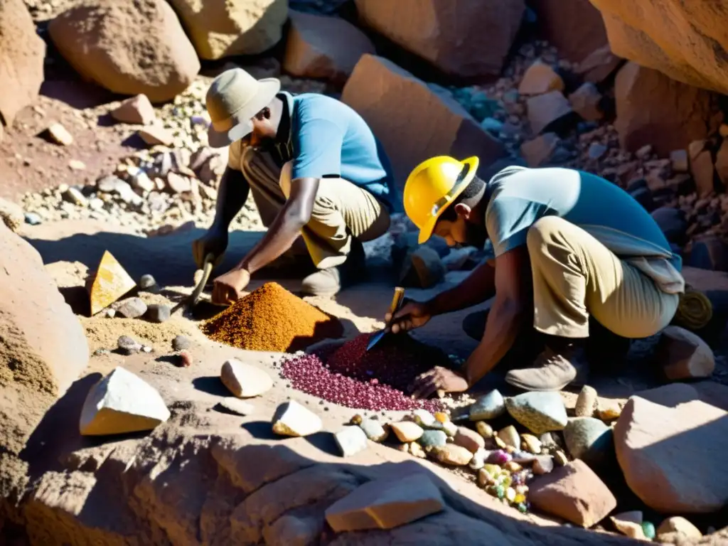 Antiguos mineros extrayendo gemas a mano entre rocas, con contrastes de luz y sombra