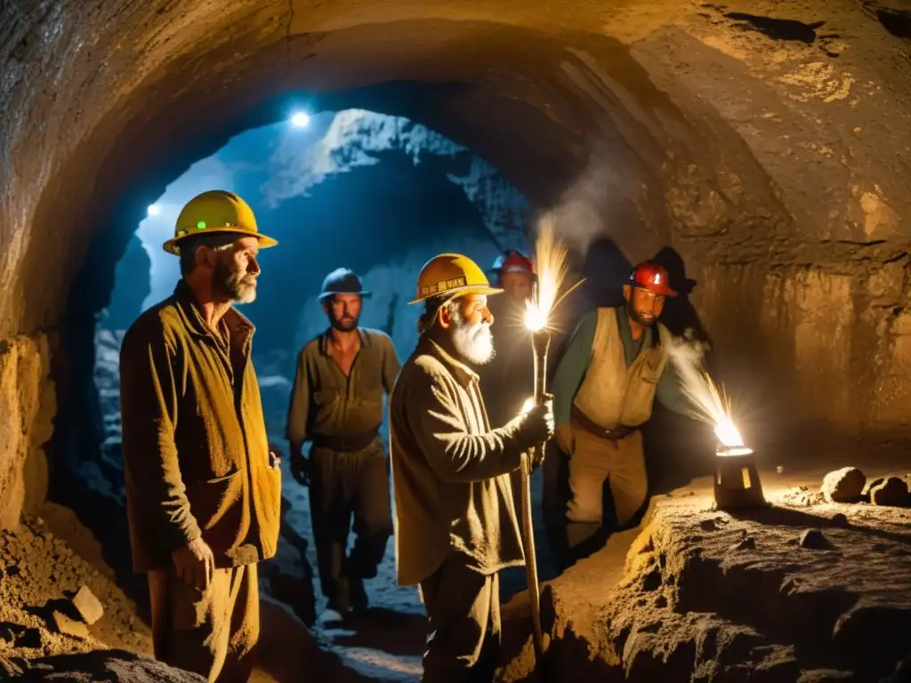 Antiguos mineros extraen minerales en un túnel subterráneo, iluminados por antorchas y lámparas