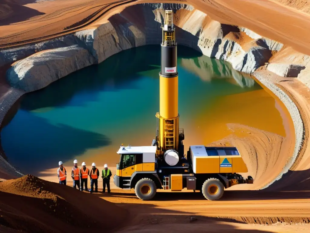 Aparato de minería de alta tecnología limpia en plena acción, con ingenieros y trabajadores