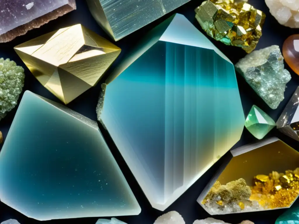 Diferenciando apariencia minerales: fila de minerales con distintos brillos y colores, detallados y vívidos