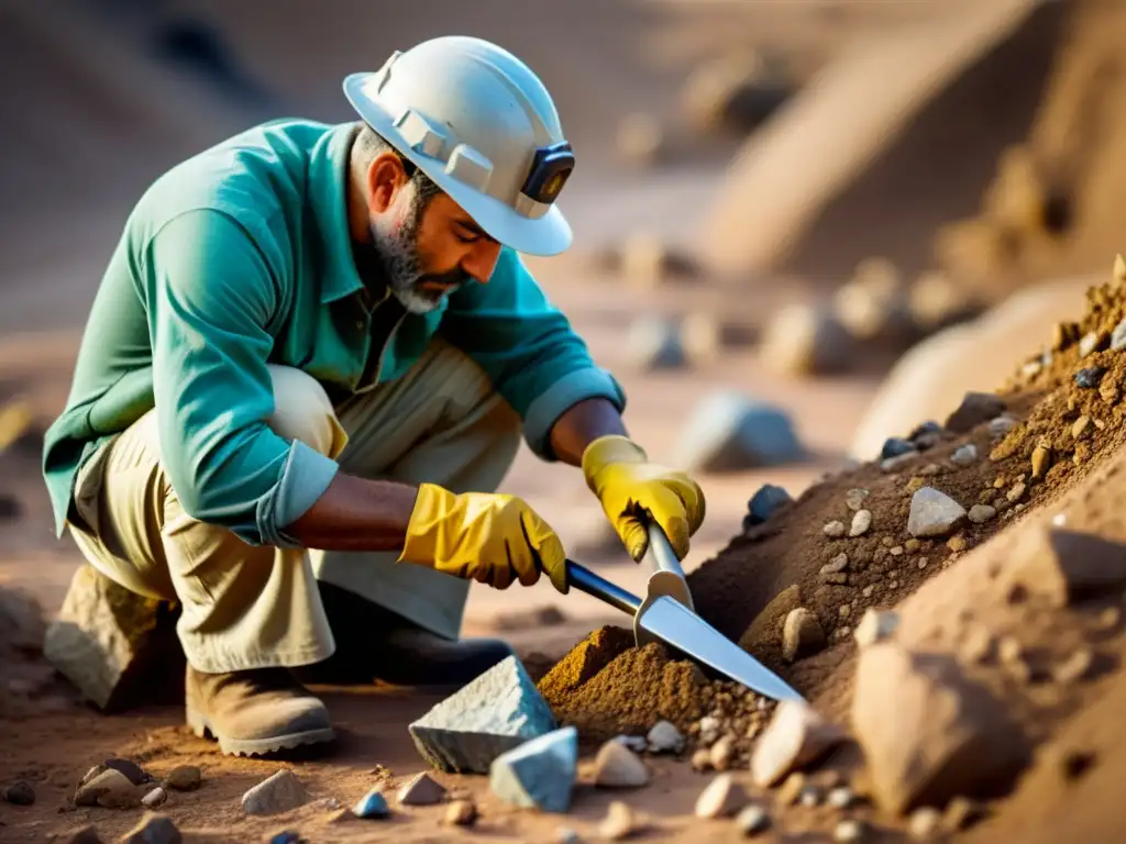 Un apasionado coleccionista de minerales utiliza equipo de excavación manual para coleccionistas, mientras descubre tesoros en la tierra