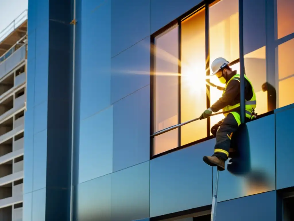 Aplicaciones del zirconio en construcción: Trabajadores aplicando revestimiento zirconio a un edificio, reflejando modernidad y durabilidad