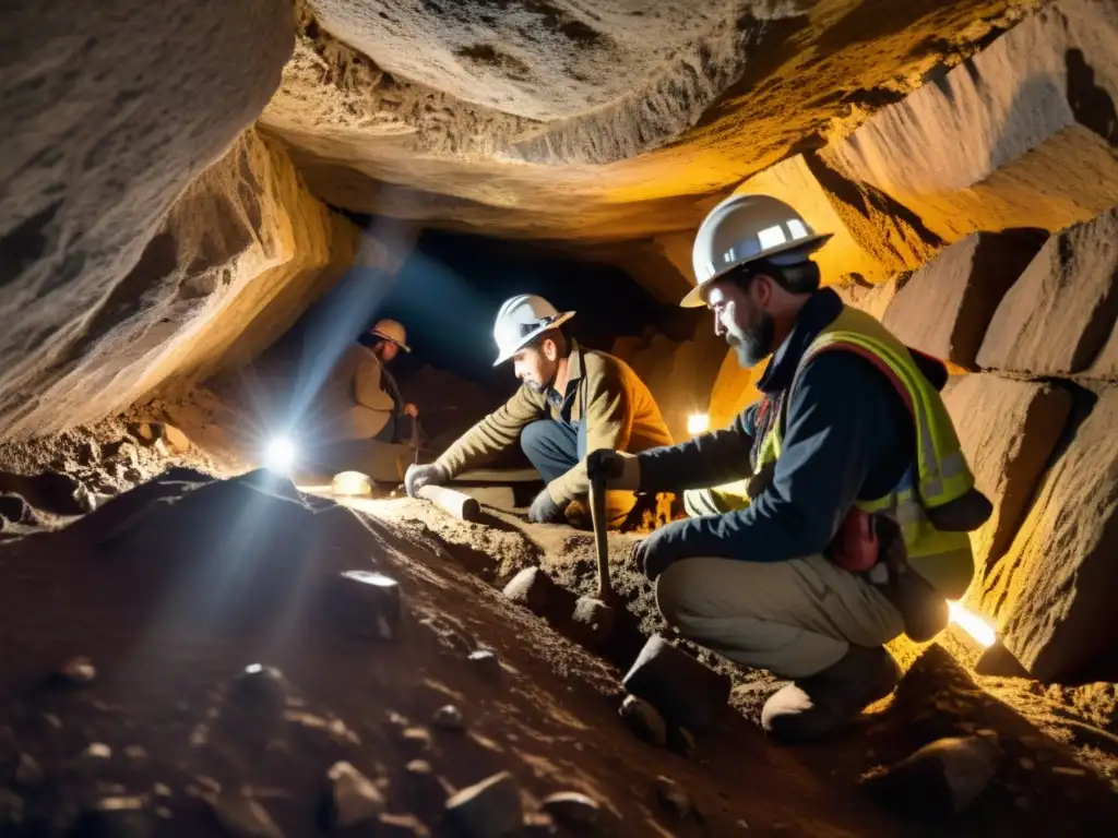 Arqueólogos redescubriendo antiguas técnicas de minería en mina abandonada, iluminada por linternas