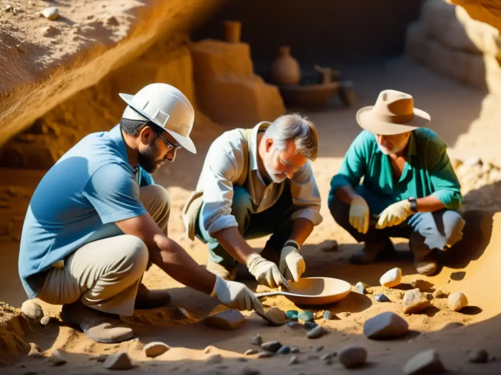 Arqueólogos excavando con cuidado gemas antiguas en un sitio arqueológico, evocando maravilla y descubrimiento