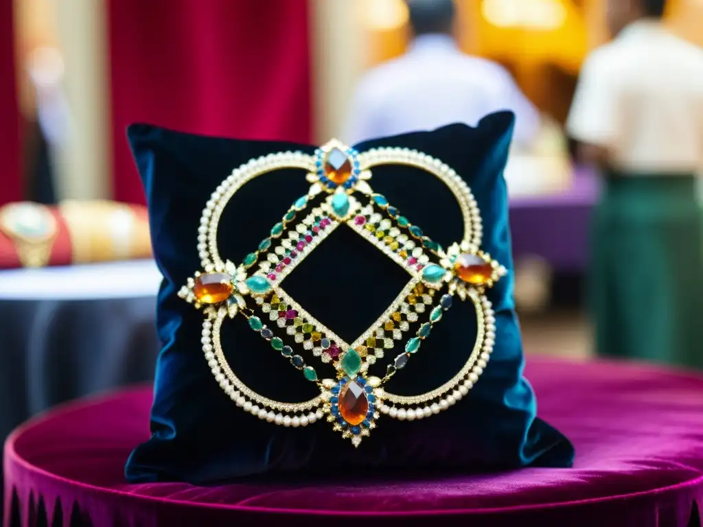 Exhibición de joyería artesanal con gemas preciosas en feria cultural, destacando la belleza de culturas ancestrales y gemas ferias