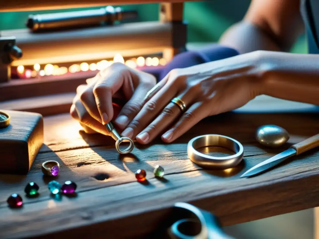 Un artesano crea un anillo de plata en un taller cálido y acogedor, rodeado de gemas y herramientas