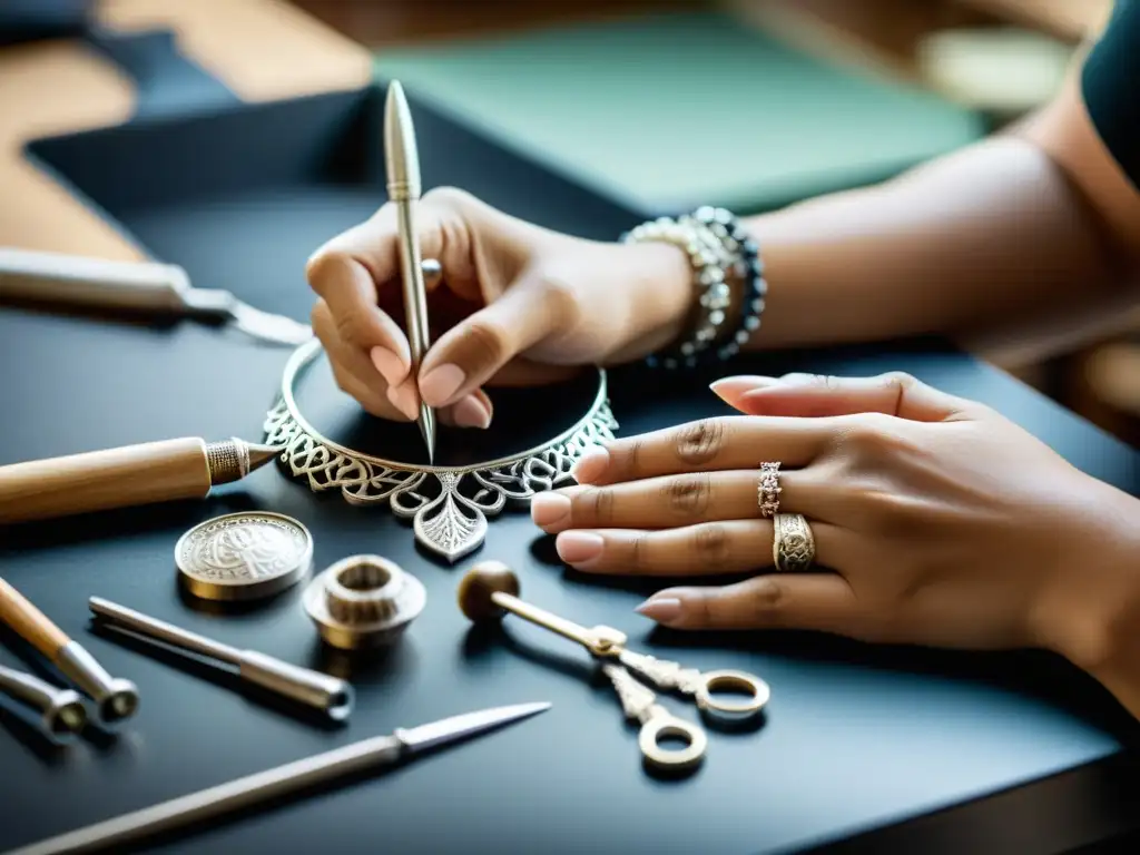 Un artesano crea un collar de plata con destreza, rodeado de herramientas y materiales