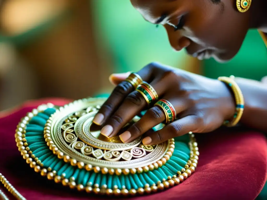 Un artesano de una cultura específica crea joyería tradicional con influencia cultural, mostrando orgullo y habilidad en su trabajo