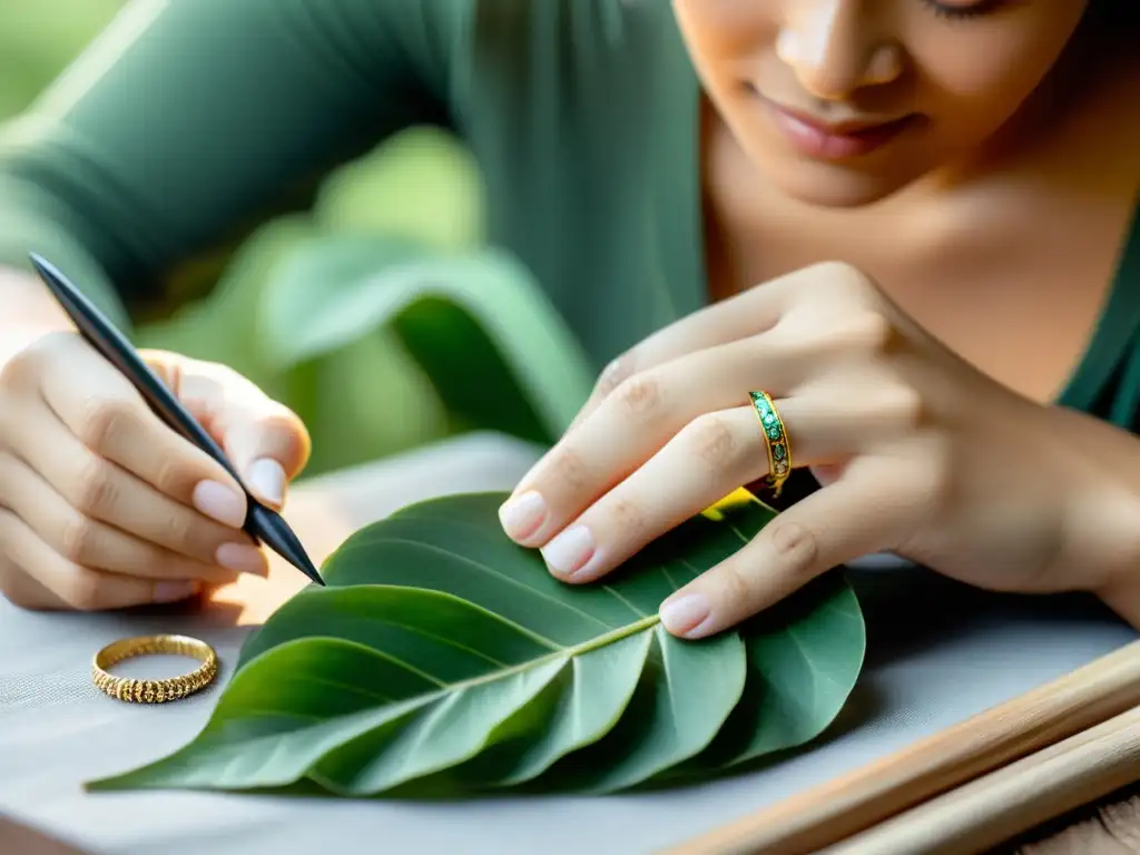 Un artesano crea joyería ecológica con dedicación, rodeado de luz natural y elementos naturales