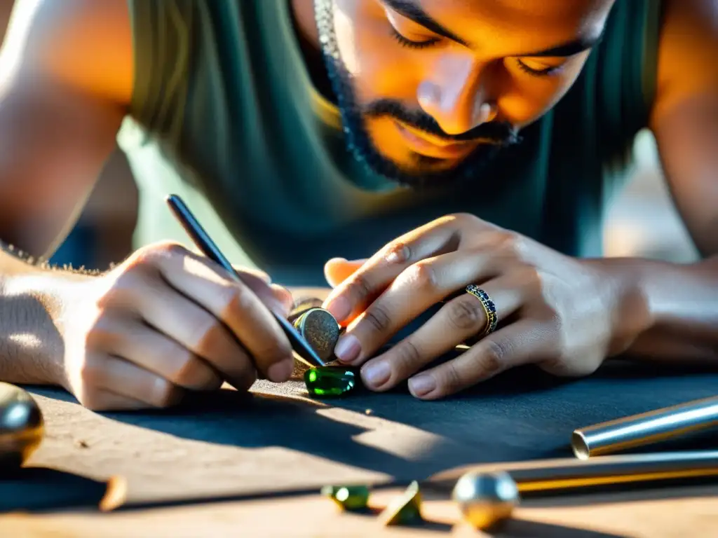 Artesano ético: Creación de joyería sostenible con precisión Un artesano crea joyería ética con destreza, resaltando su enfoque en gemología y sostenibilidad