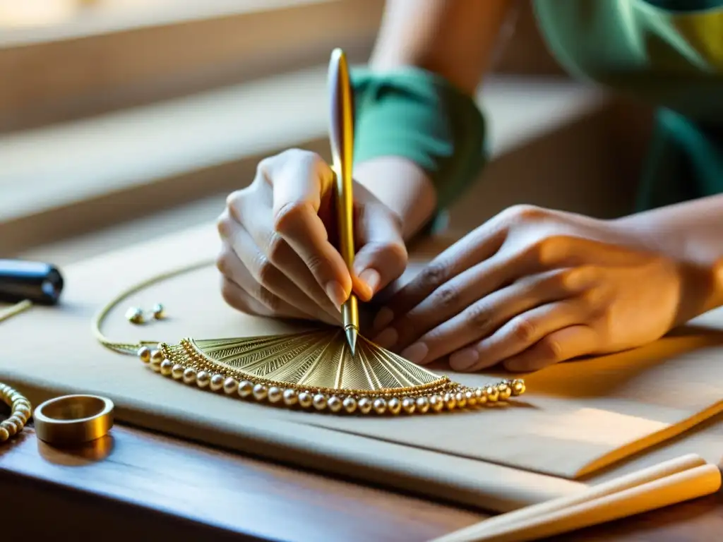 Un artesano crea joyería ecológica con destreza, rodeado de herramientas y materiales sostenibles en un entorno natural