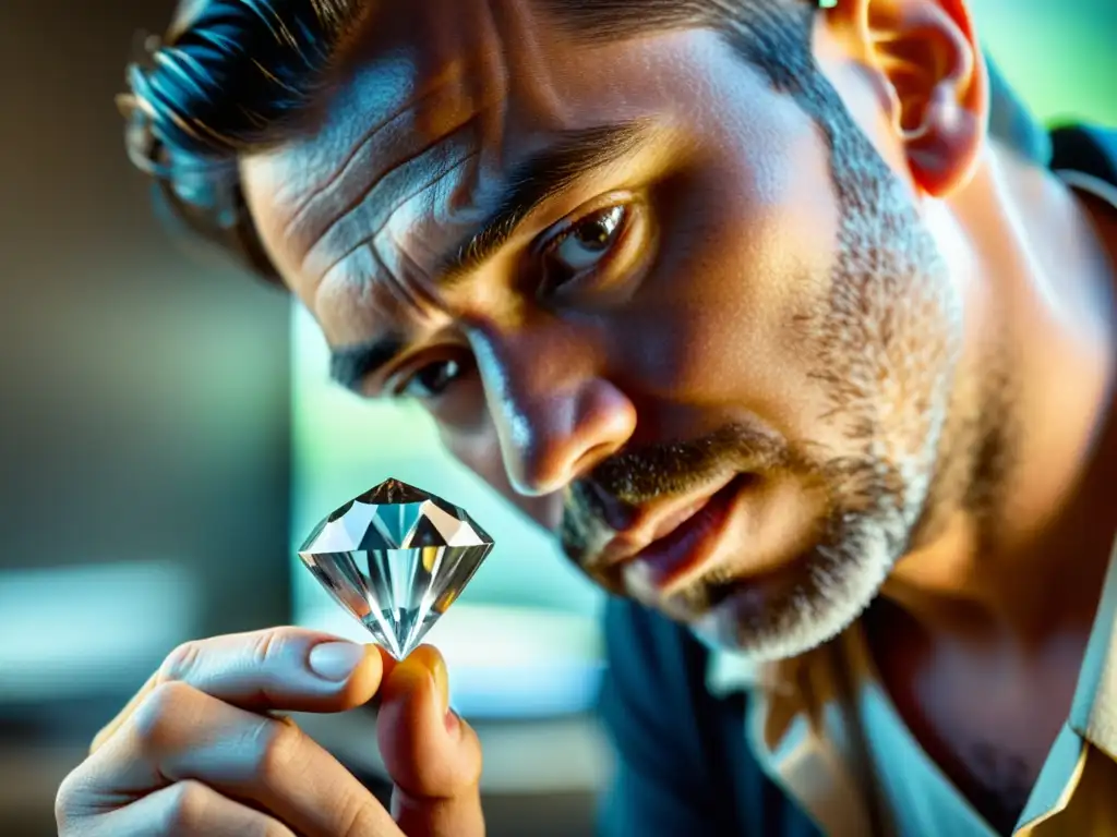 Examinación detallada de diamante en bruto por joyero Artesano examina minuciosamente un diamante sin cortar, reflejando la joyería ética y la gemología con concentración y detalle en un taller de joyería