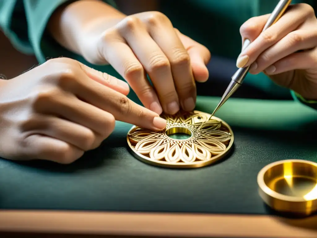 Un artesano experto moldea con cuidado una joya única en un taller de joyería fines terapéuticos, transmitiendo precisión y dedicación