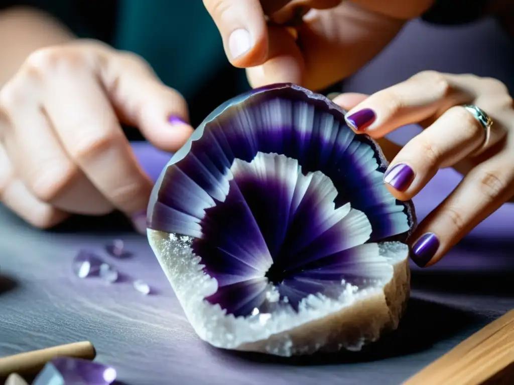 Un artesano experto cuida con dedicación una amatista, revelando sus hermosos tonos violeta y lavanda