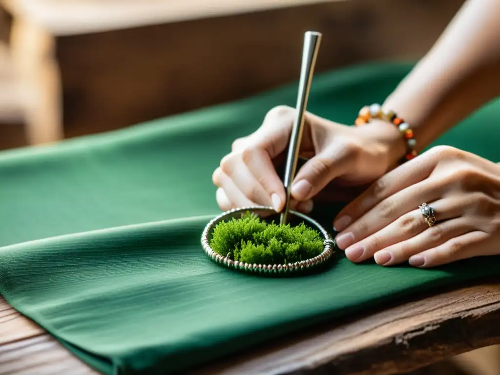 Un artesano experto crea joyería ecológica con dedicación en un taller sostenible