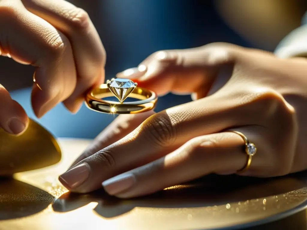 Un artesano experto coloca con destreza un deslumbrante diamante en un anillo de oro, resaltando la precisión y el arte de la joyería