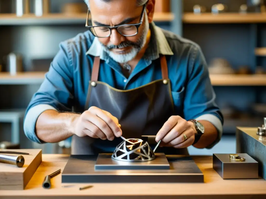 Un artesano experto moldea con destreza una joya en un taller iluminado, mostrando la precisión y dedicación de la joyería