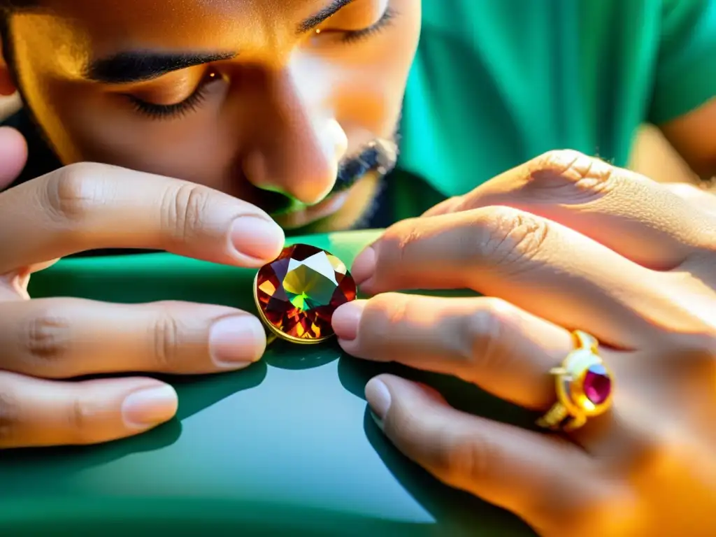 Un artesano experto coloca con destreza una vibrante gema en una fina montura de oro, destacando la artesanía de la joyería tradicional