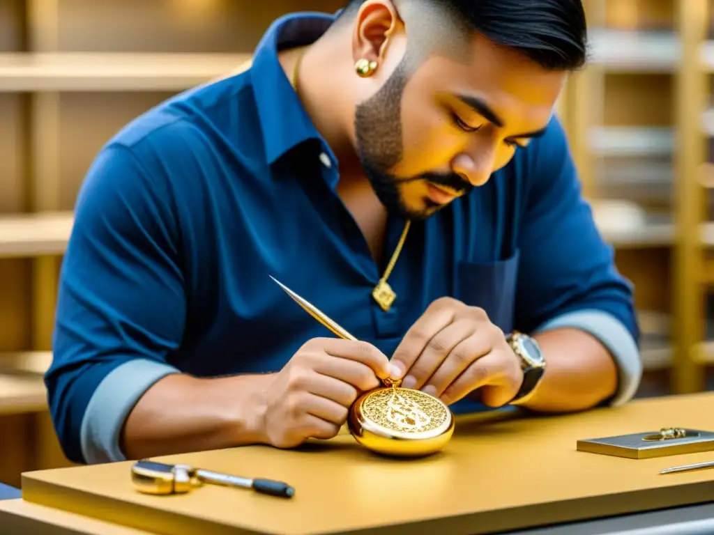 Un artesano experto graba diseños detallados en un colgante de oro, rodeado de gemas y herramientas de joyería