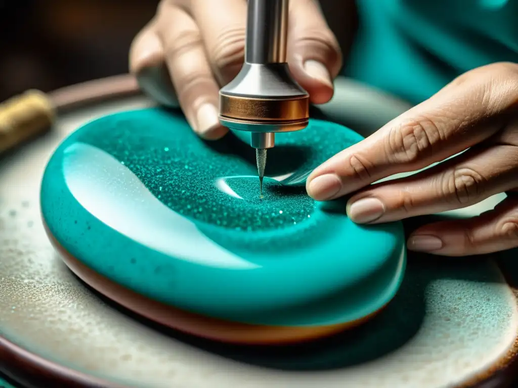 Un artesano experto cuida con esmero el color de turquesas, revelando sus patrones naturales