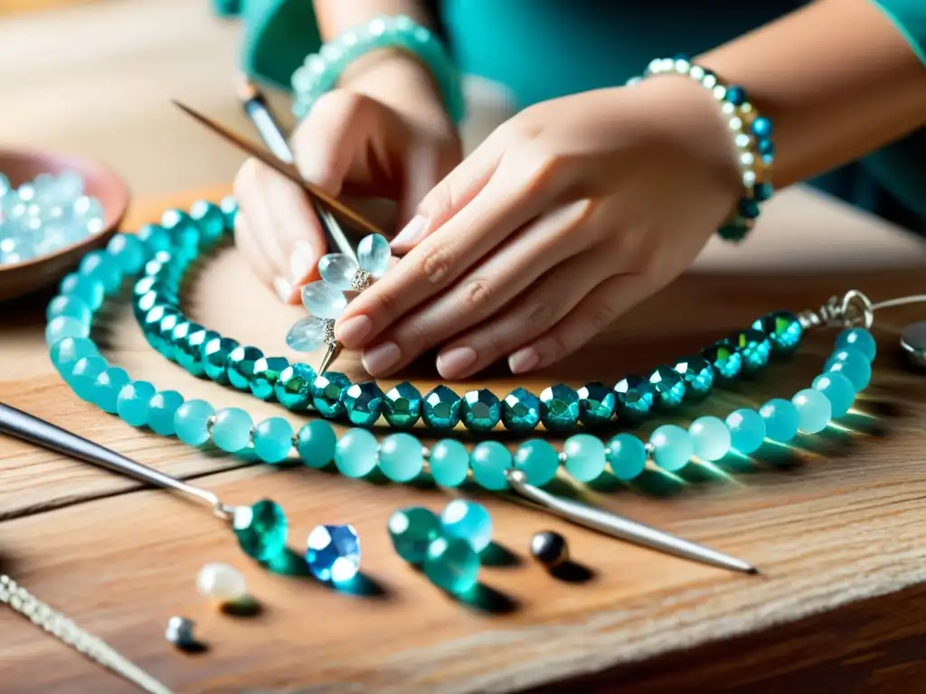 Un artesano experto usando herramientas de creación de bisutería para elaborar una pulsera con minerales brillantes