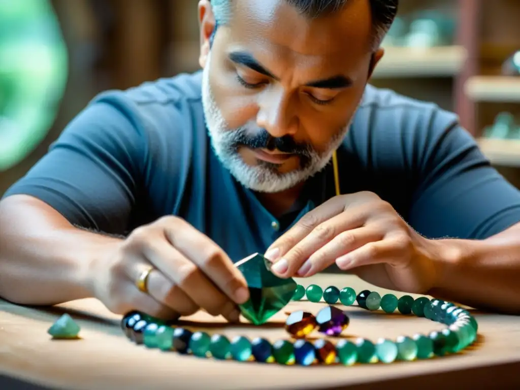 Un artesano experto crea una joya única con pasión y concentración en su taller lleno de herramientas y gemas