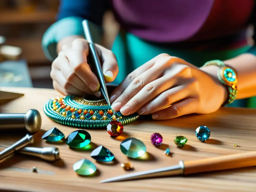 Un artesano experto crea joyas con herramientas e gemas en un taller de joyería, reflejando el proceso terapéutico