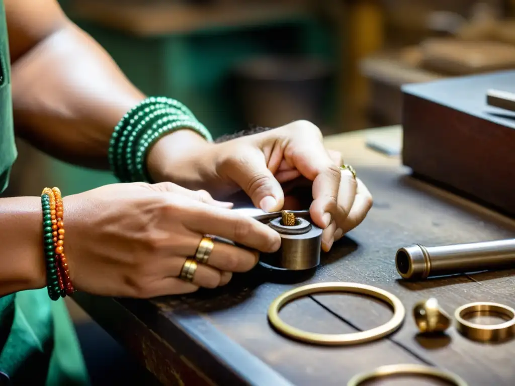 Un artesano experto crea joyería contemporánea fusionando técnicas de minería clásica con diseño moderno en un taller tradicional