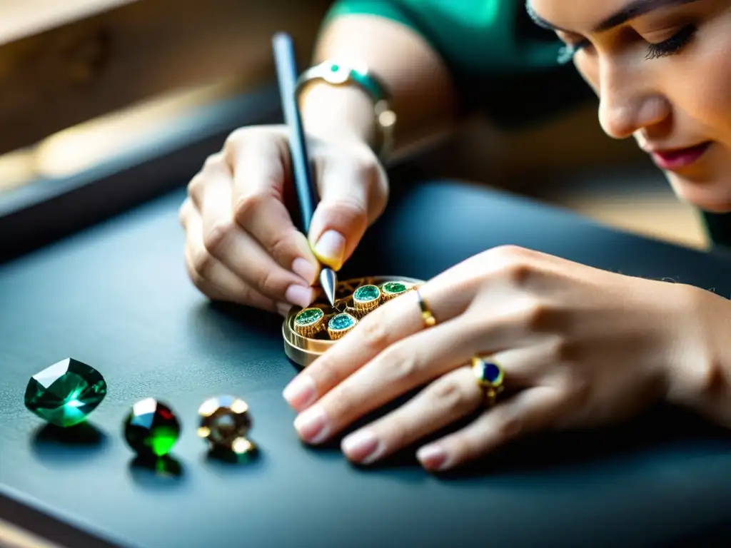 Artesano ético creando joyas con detalle Un artesano experto crea una joyería ética con gemas y metales reciclados, mostrando cuidado y precisión en cada detalle