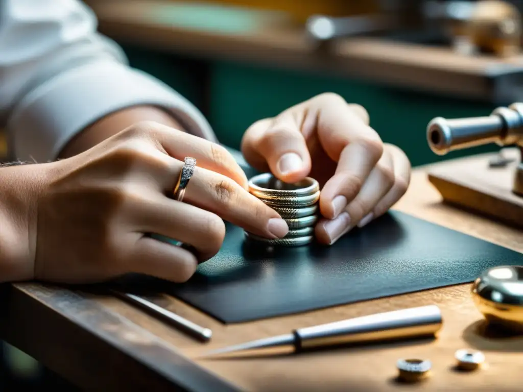 Un artesano experto crea joyería a mano con dedicación en su taller, destacando la experiencia cliente joyerías físicas