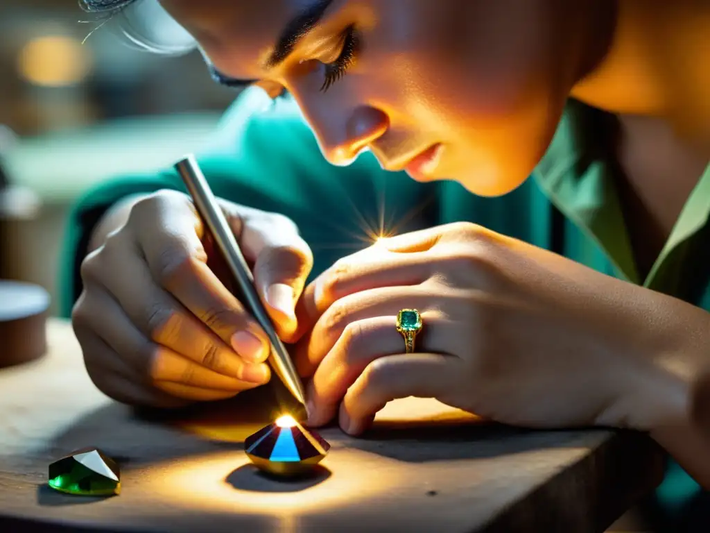 Un artesano experto crea joyería a mano con gemas y metales preciosos en un taller tradicional, bajo la luz de una lámpara enfocada