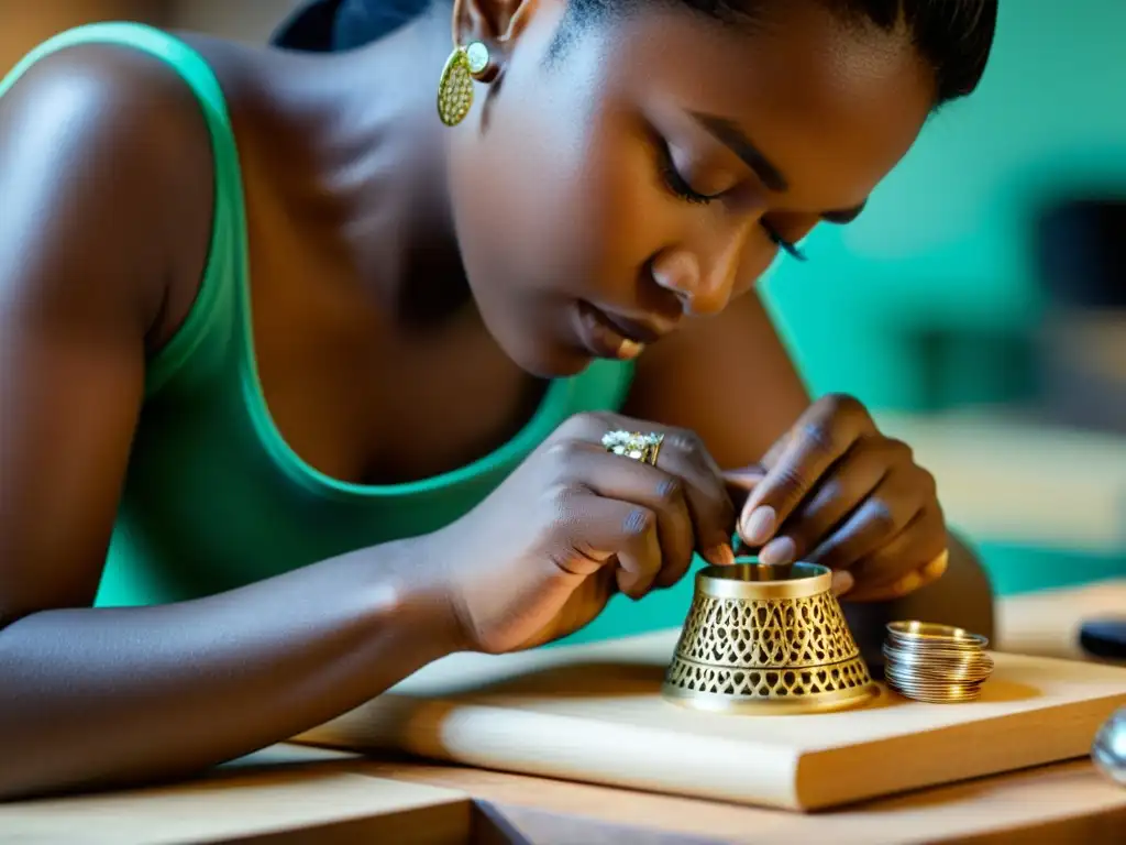 Un artesano experto elabora joyería sostenible con materiales éticos, mostrando concentración y destreza en un taller bien iluminado