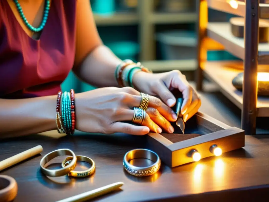 Un artesano experto crea joyería con técnicas ancestrales y gemas ferias, en un taller lleno de historia y tradición