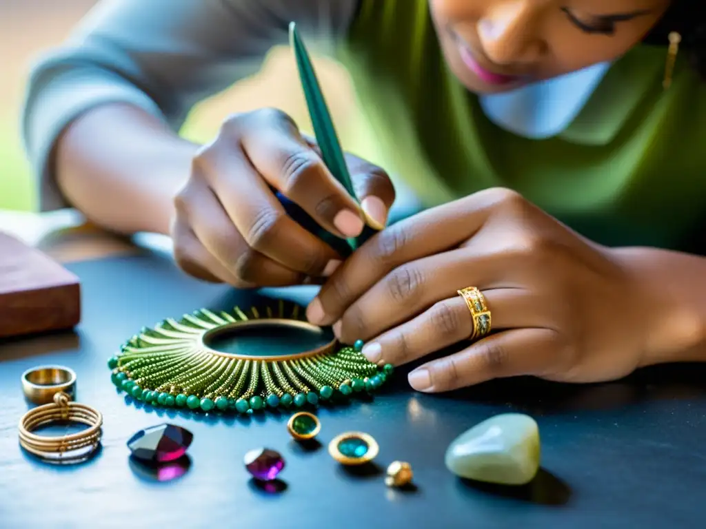 Un artesano experto crea joyería ecológica con materiales sostenibles, demostrando la belleza del marketing sostenible en joyerías ecológicas