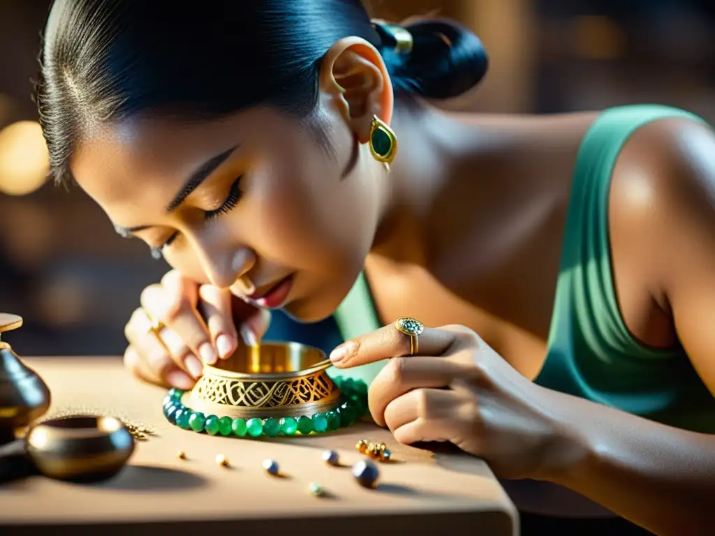 Un artesano experto crea con precisión una joya, destacando la riqueza de los materiales y la dedicación