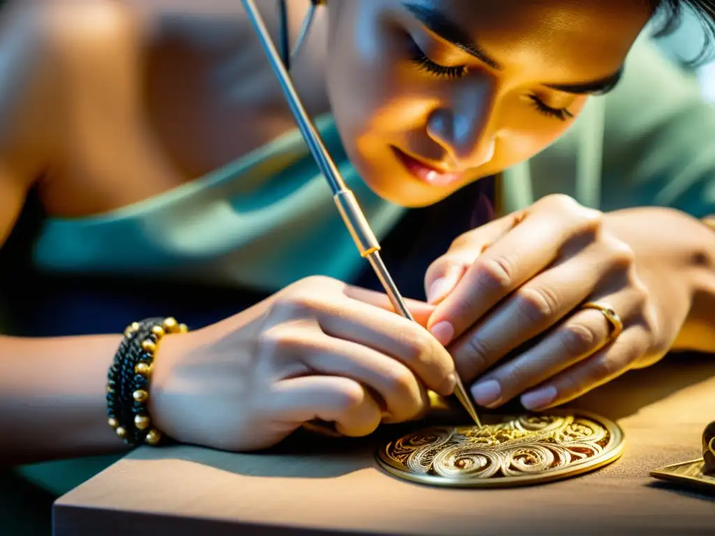 Un artesano experto trabaja con precisión en una joya, destacando la responsabilidad social en joyerías