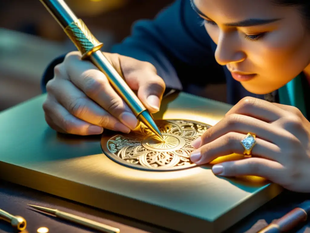 Un artesano experto graba con precisión una joyería fina con significado, mostrando tradición, artesanía y atención al detalle