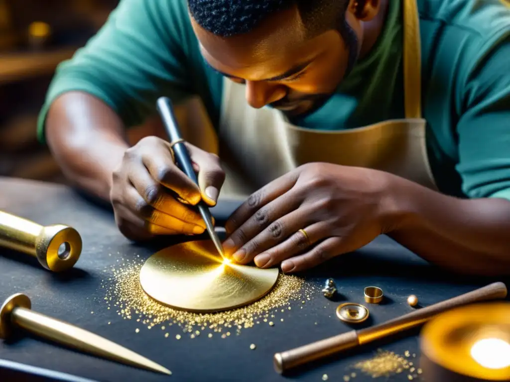 Un artesano experto trabaja con responsabilidad social en joyerías, rodeado de herramientas y materiales, resaltando la dedicación y autenticidad en su taller