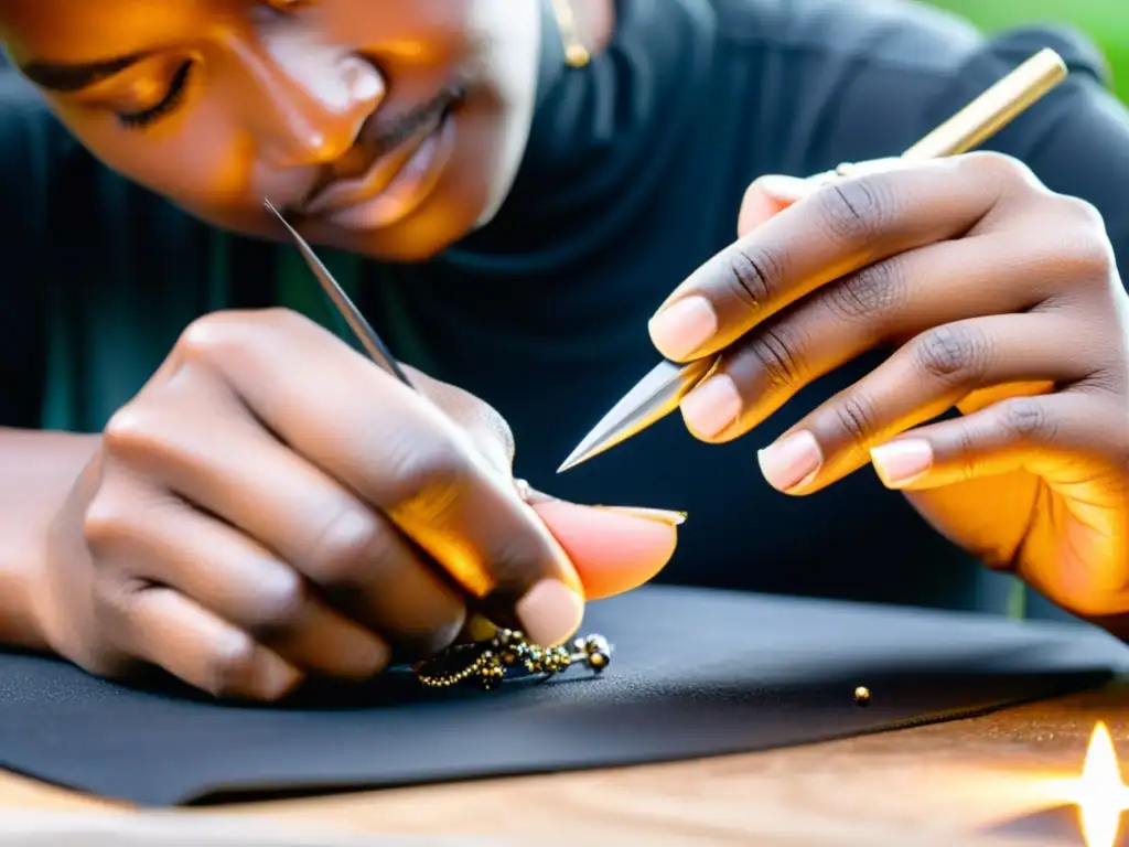 Un artesano experto crea joyería ética y sostenible con dedicación y detalle en su taller iluminado